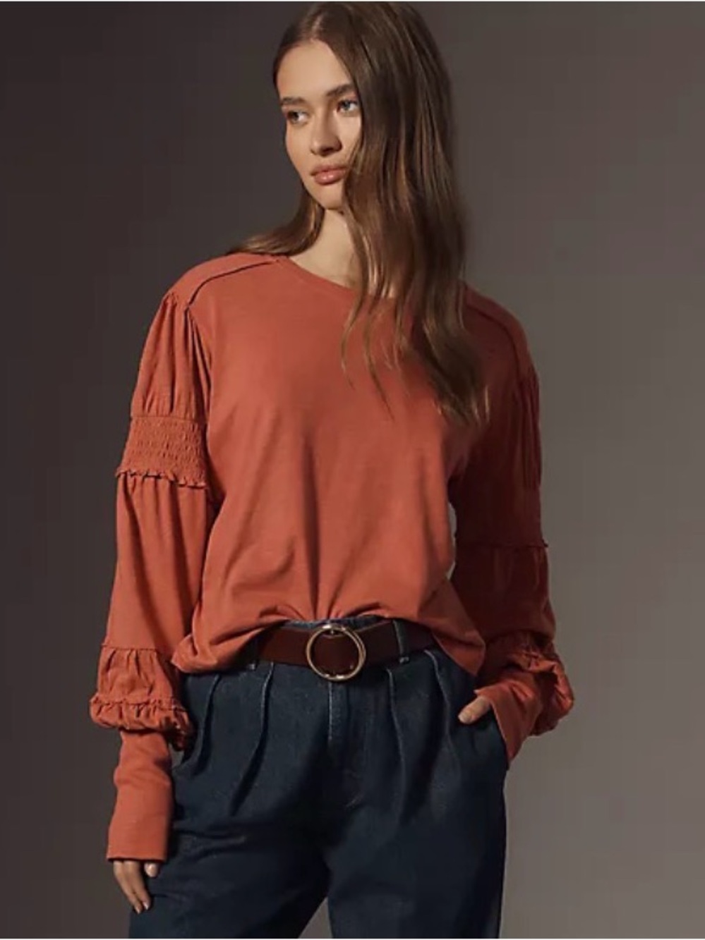 Anthropologie Pilcro Long Sleeve Ruched and Smocked Sleeve Crew Neck